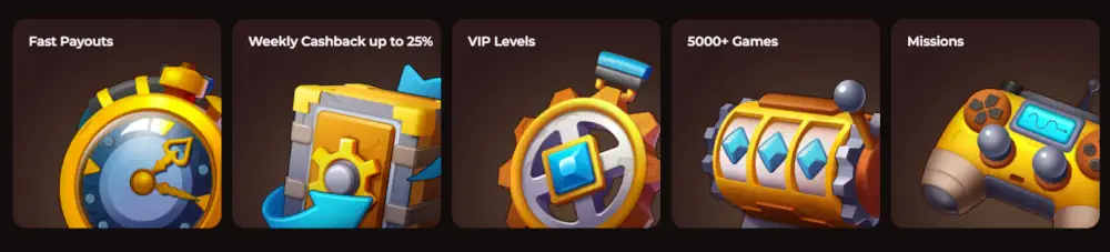 Punti salienti della piattaforma Vinci Spin tra cui pagamenti rapidi, cashback settimanale e livelli VIP